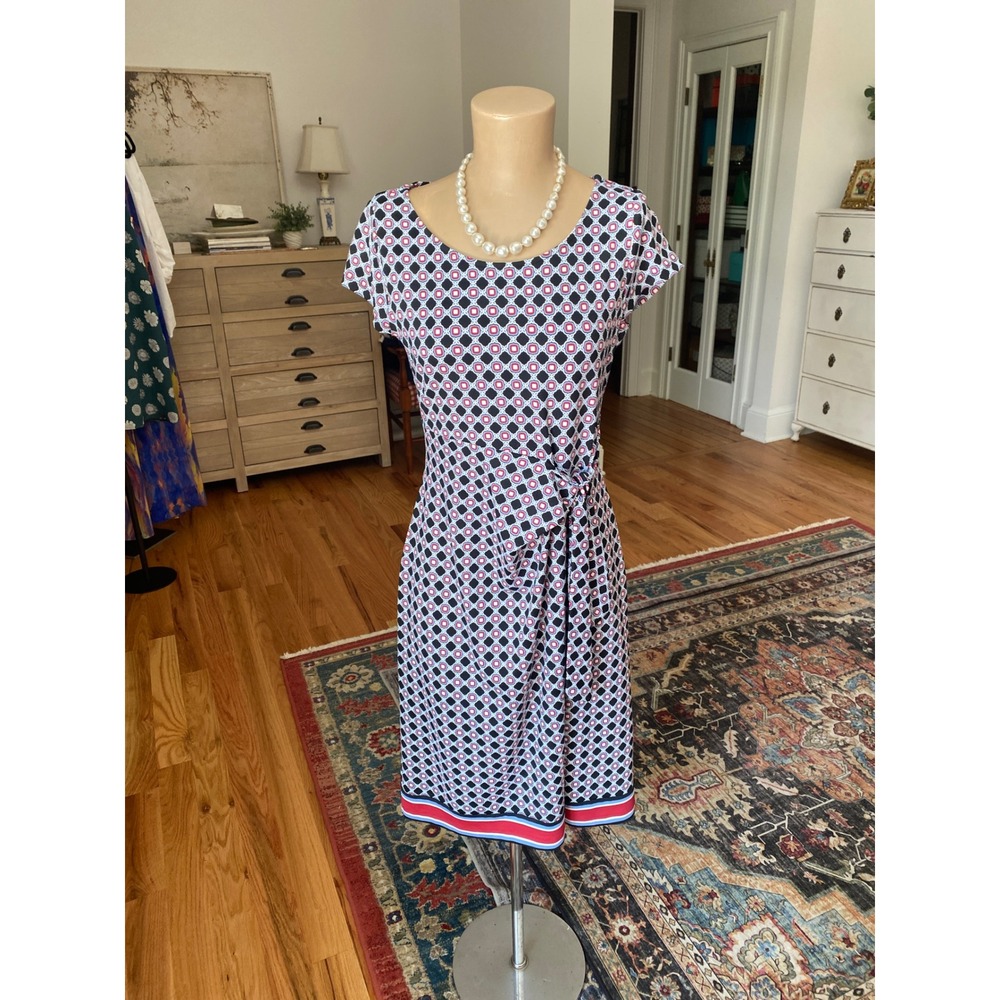 Talbots Womens Small Blue Red Geometric Side Knot‎ Sheath Dress